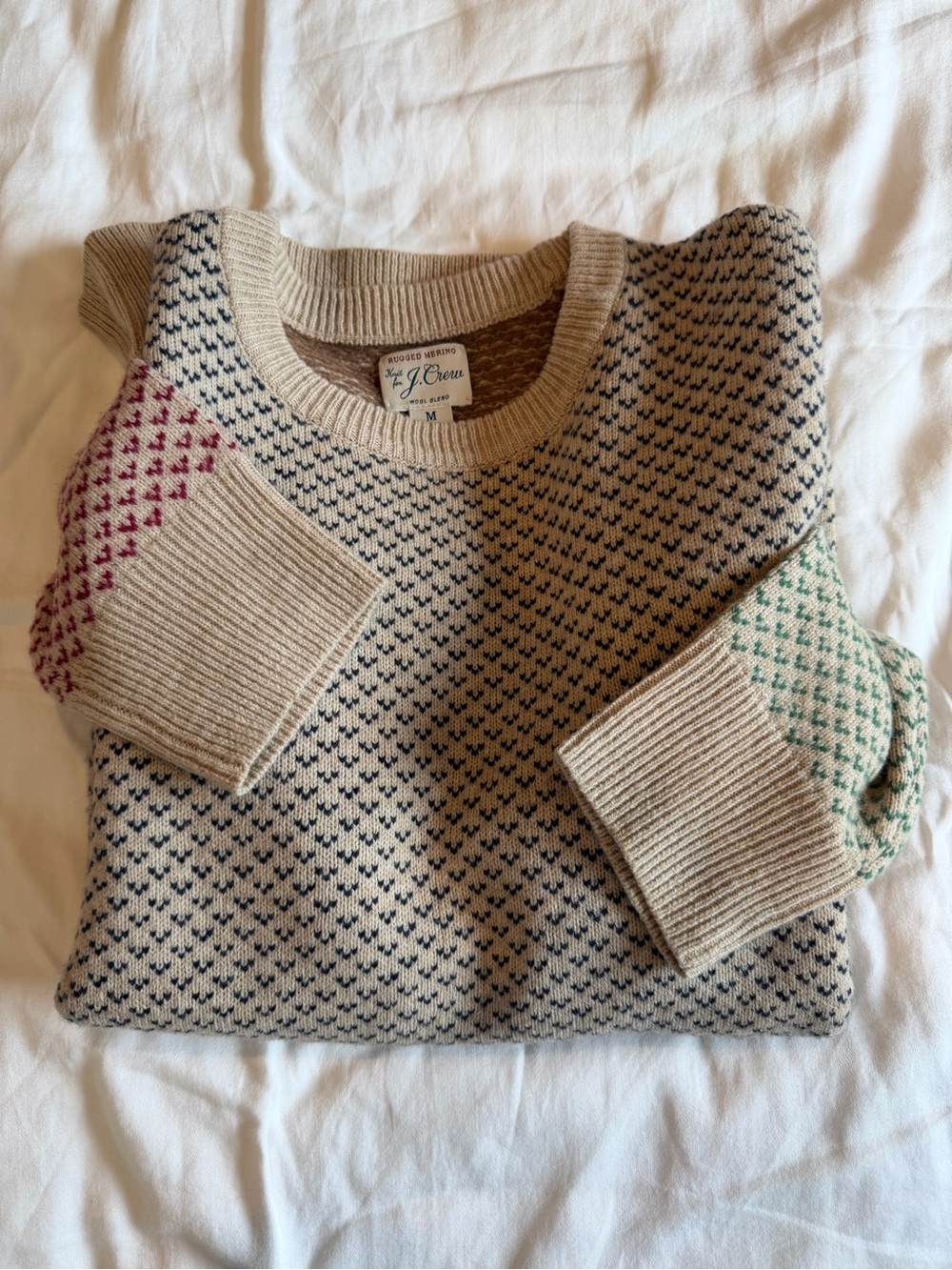 J. Crew Cream Crewneck Sweater with Navy, Pink & Green Details